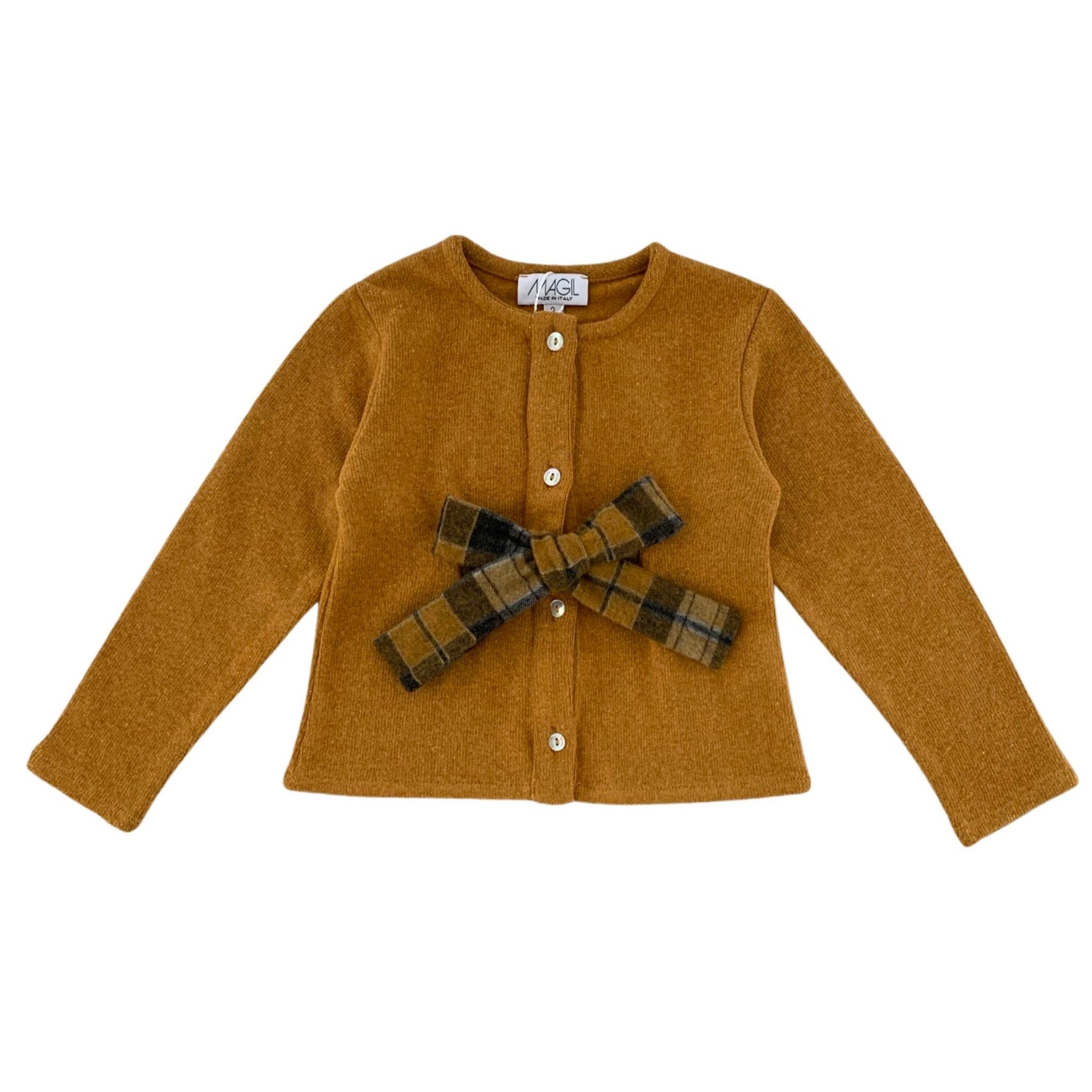 CARDIGAN IN WARM COTTON WITH CHECKED BOW