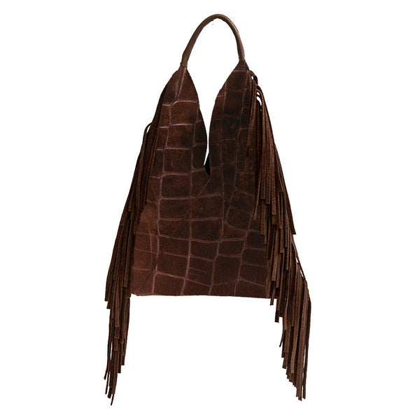 ARIZONA - Suede Bag with Fringe in Moka Print