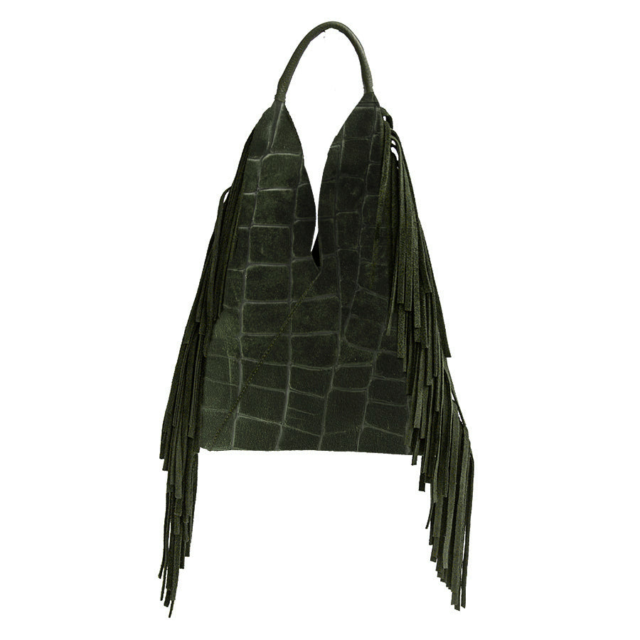 ARIZONA - Fringe Bag in Printed Green Suede
