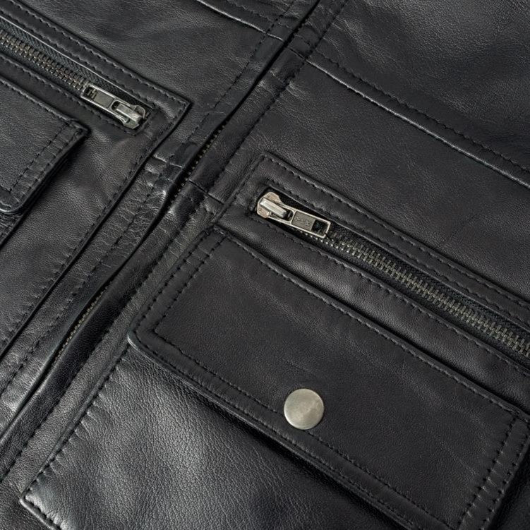 leren bodywarmer heren zwart zakken detail
