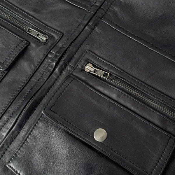 leren bodywarmer heren zwart zakken detail