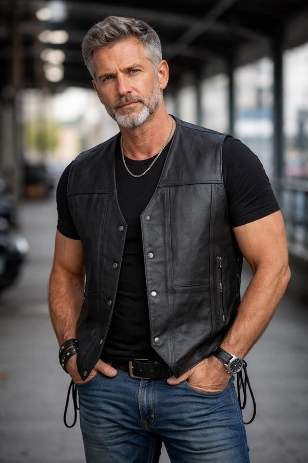 leren biker vest heren Urban 5884 Jack model zwart rund leer
