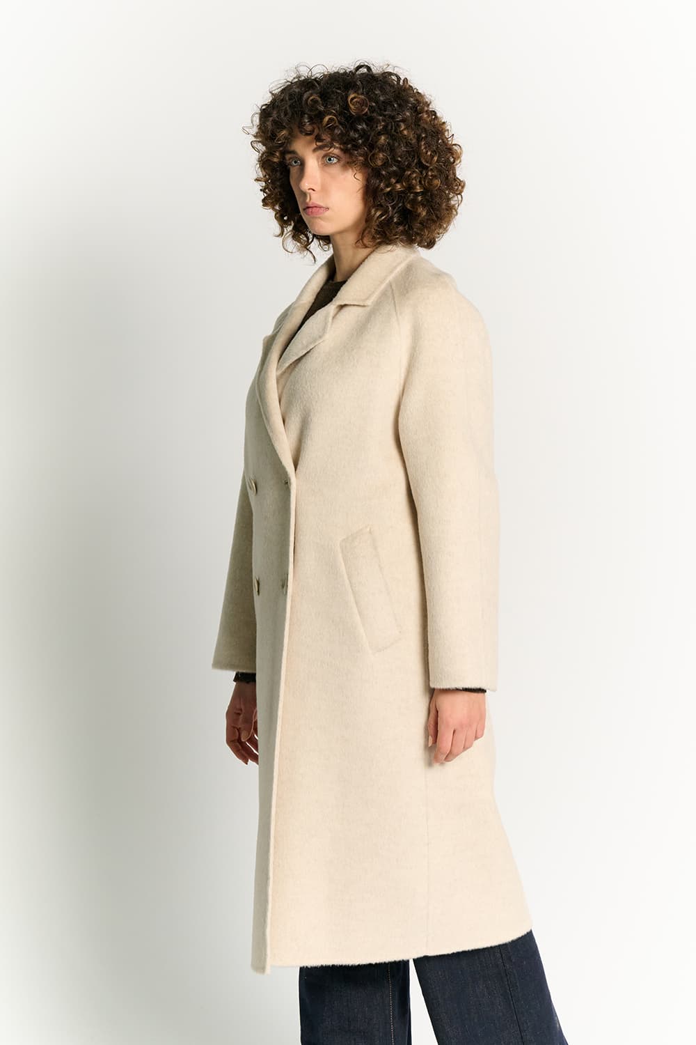 Beige Double-Breasted Alpaca Coat