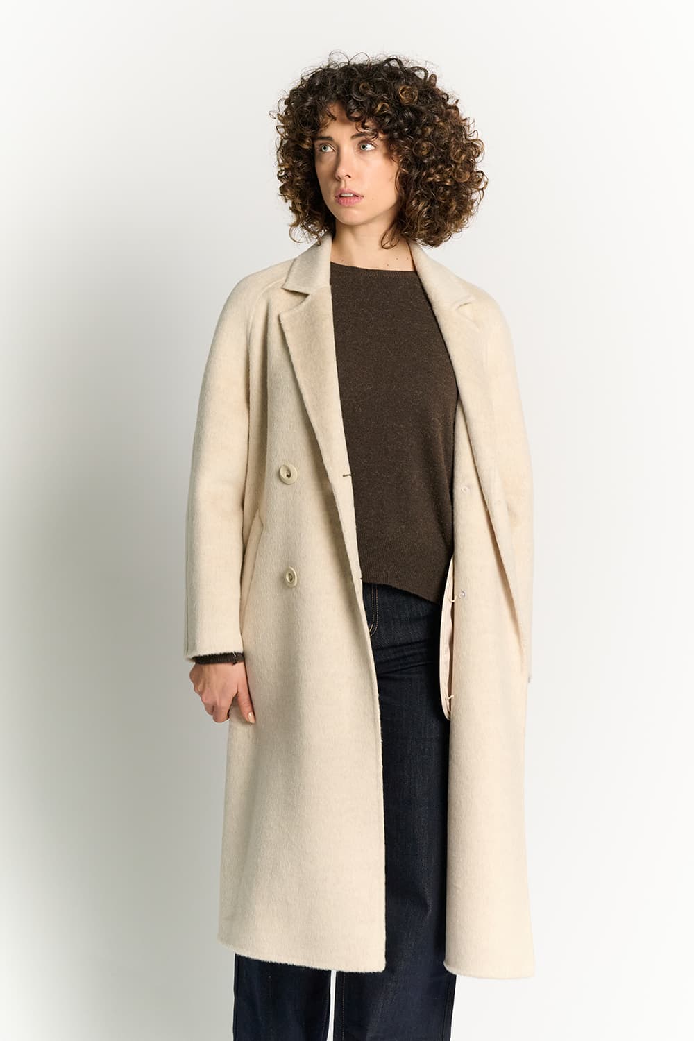 Beige Double-Breasted Alpaca Coat