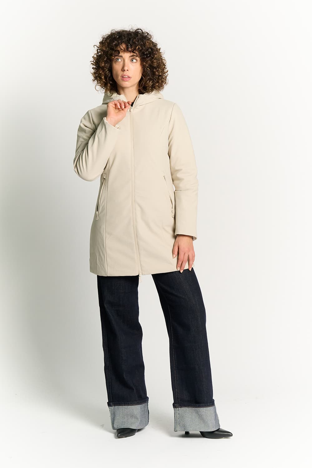 Long Beige Thermal Down Jacket for Women