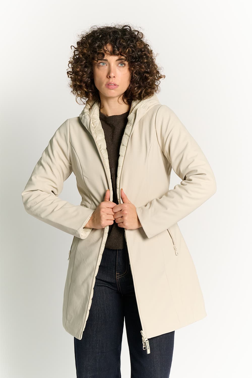 Long Beige Thermal Down Jacket for Women