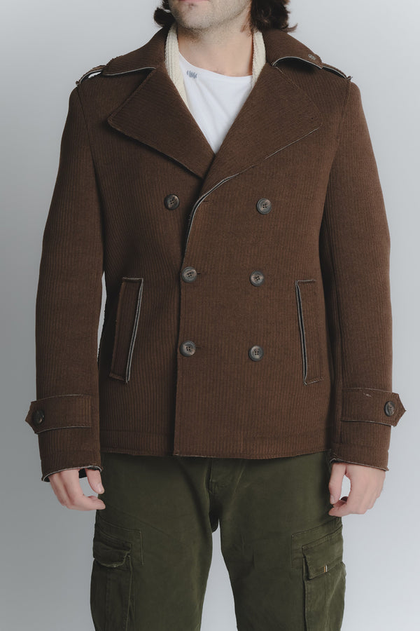 Chocolate Ribbed Double-Breasted Wool Blend Men's Coat