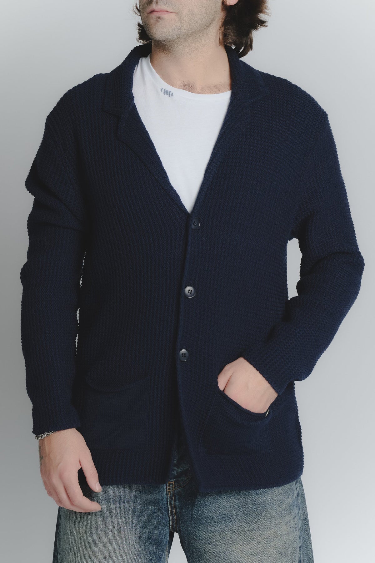 Cárdigan de mezcla de lana azul para hombres