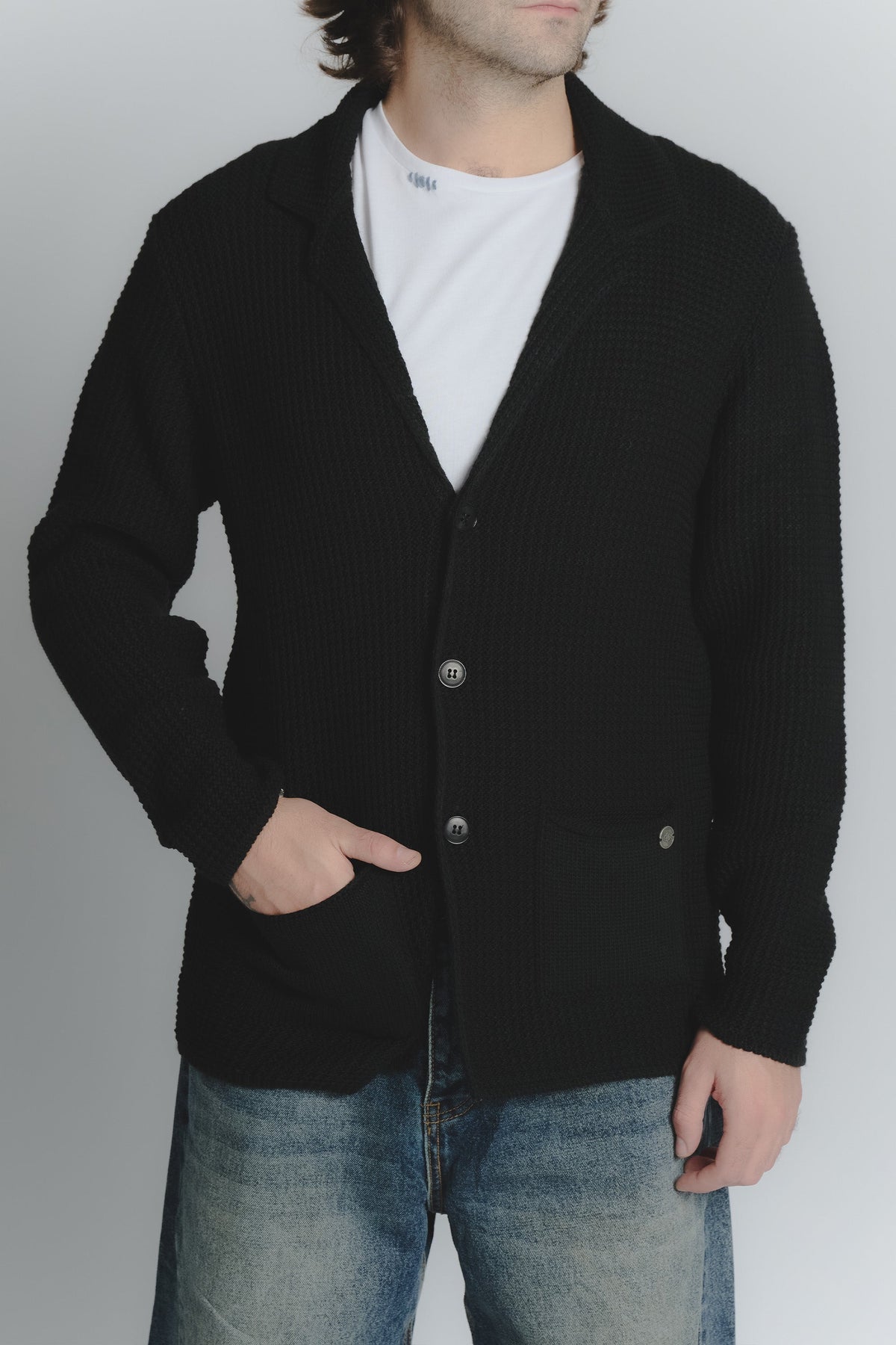 Men's Black Wool Blend Cardigan