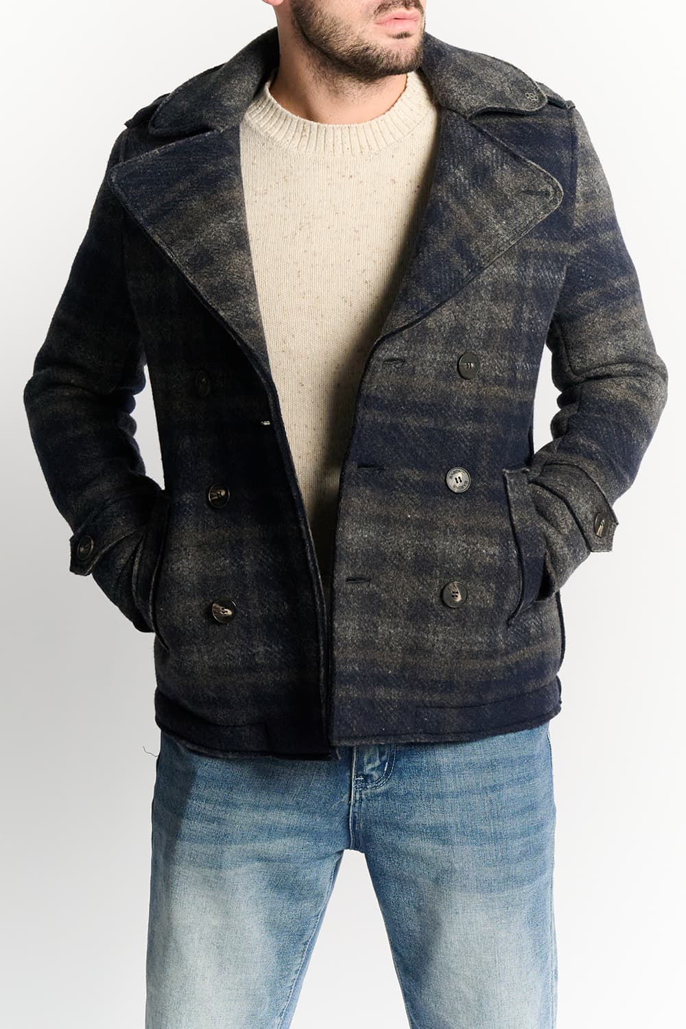Men's Double-Breasted Coat in Blue Scottish Wool Blend