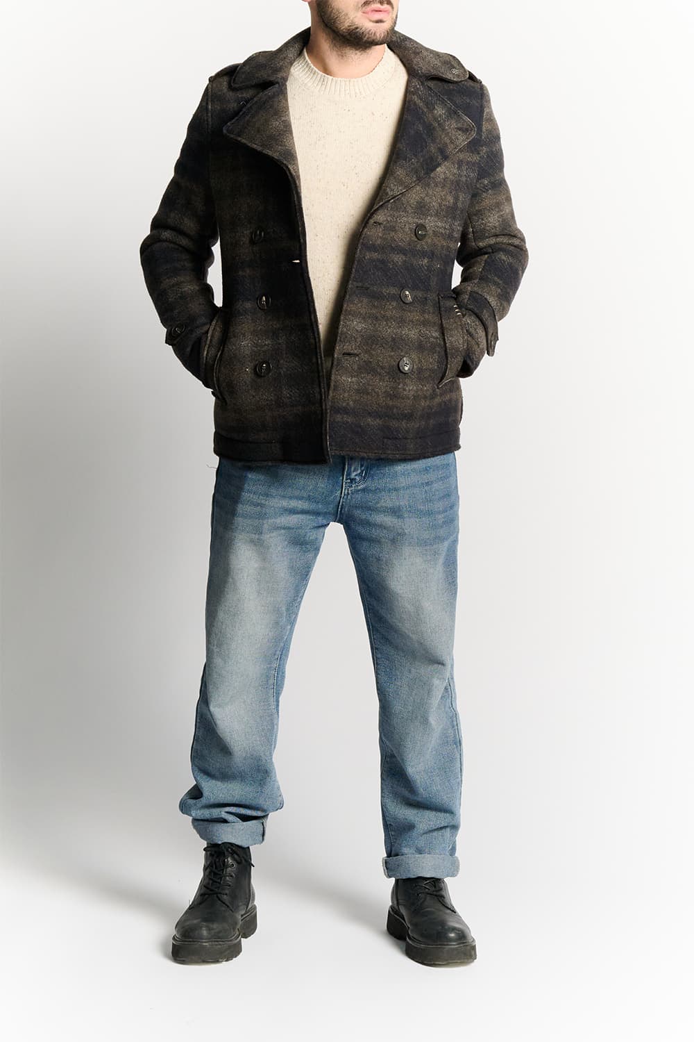 Men's Double-Breasted Wool Blend Tartan Coat Tdm