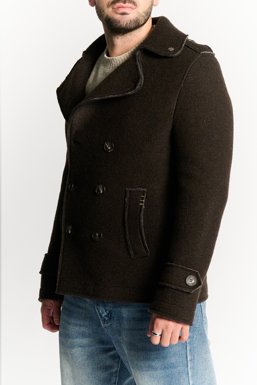 Men's Double-Breasted Wool Blend Coat in Dark Brown