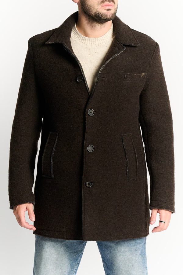 Long Men's Coat in Mixed Wool Dark Brown