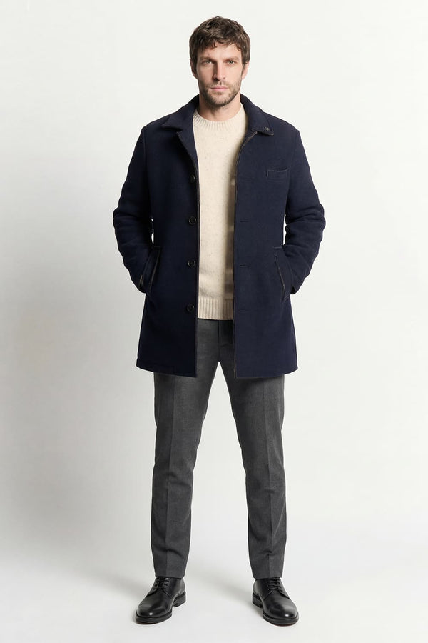 Long Men's Coat Mixed Wool Blue
