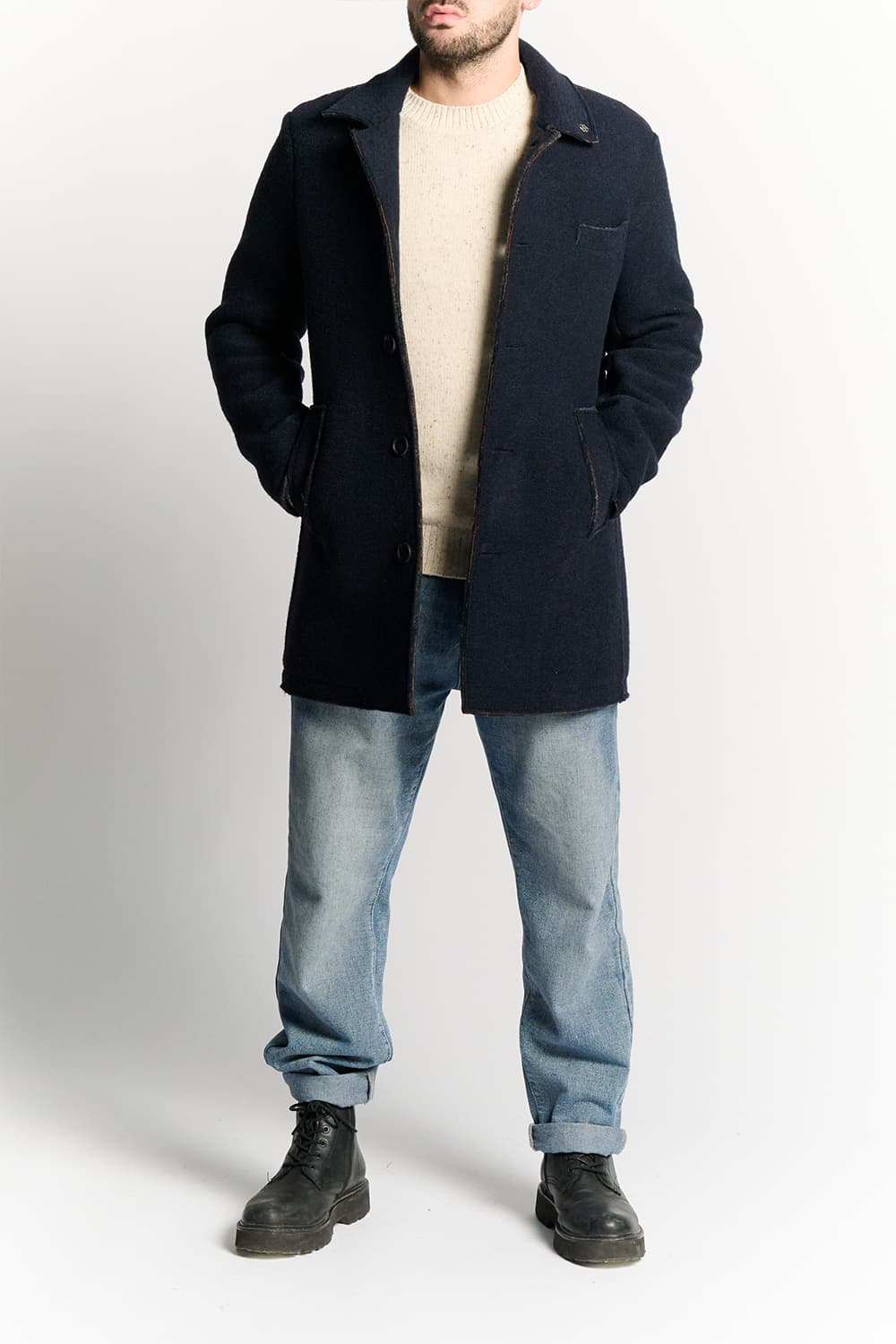 Long Men's Coat Mixed Wool Blue