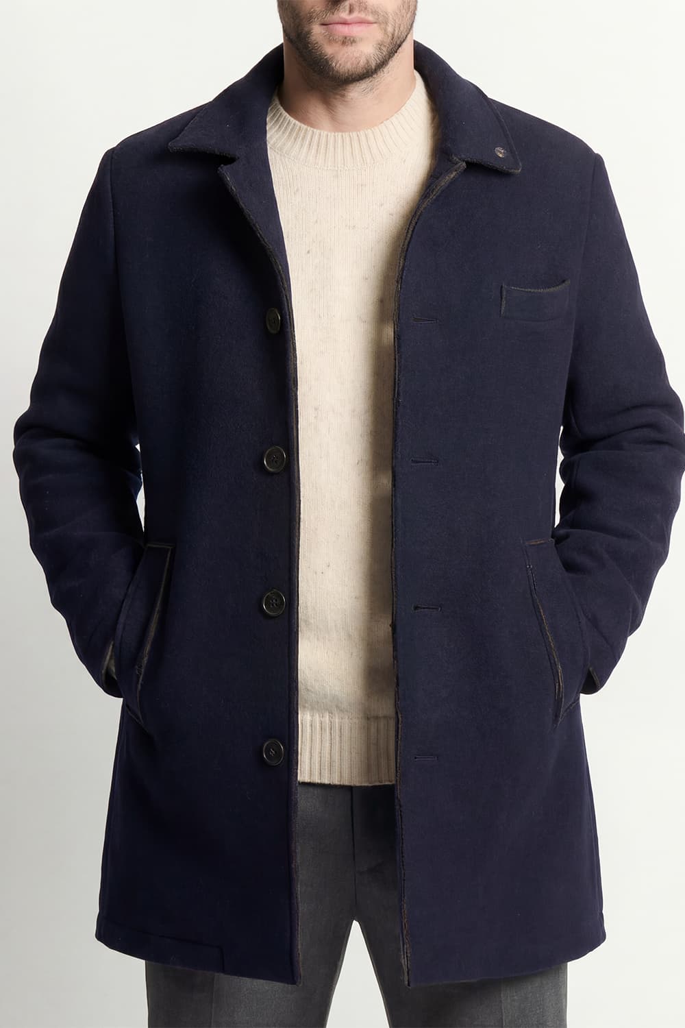 Long Men's Coat Mixed Wool Blue