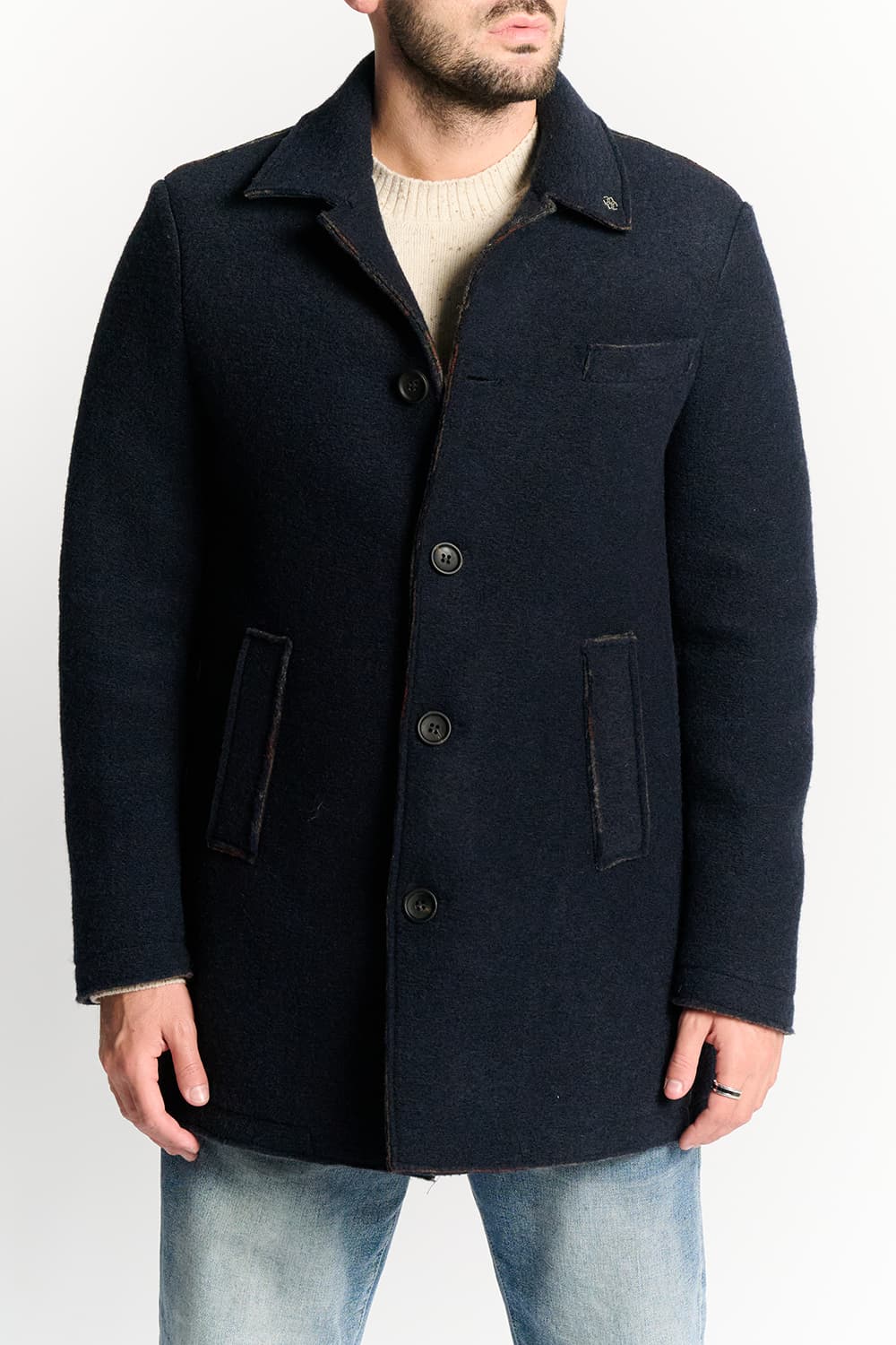 Long Men's Coat Mixed Wool Blue