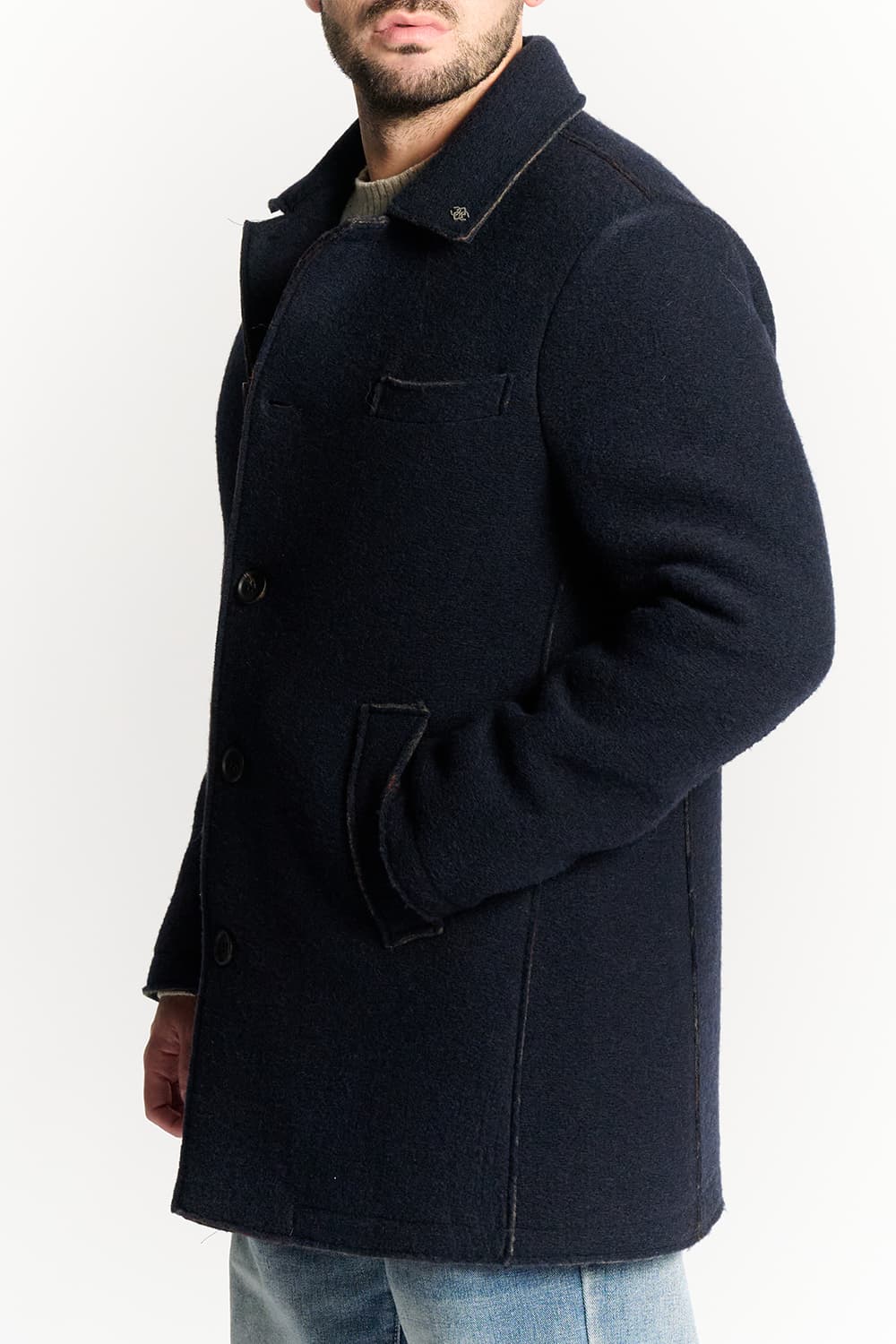 Long Men's Coat Mixed Wool Blue