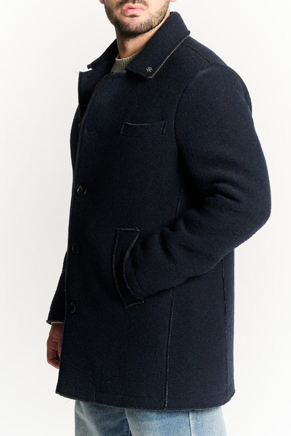Long Men's Coat Mixed Wool Blue