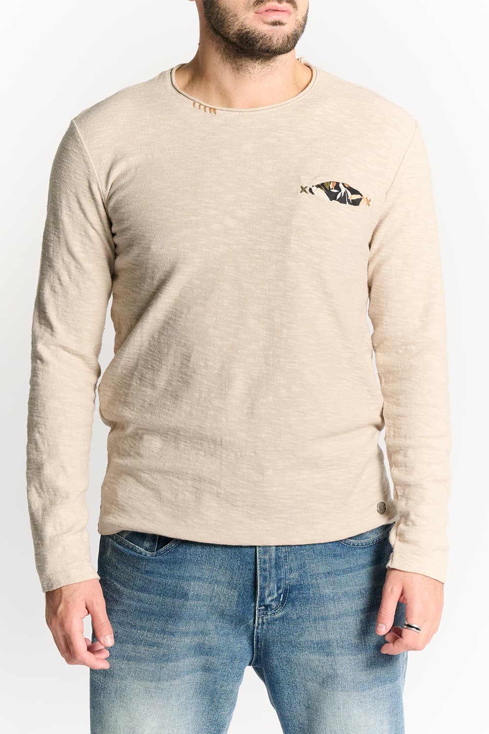 Men's Long Sleeve Cotton Sweater Beige