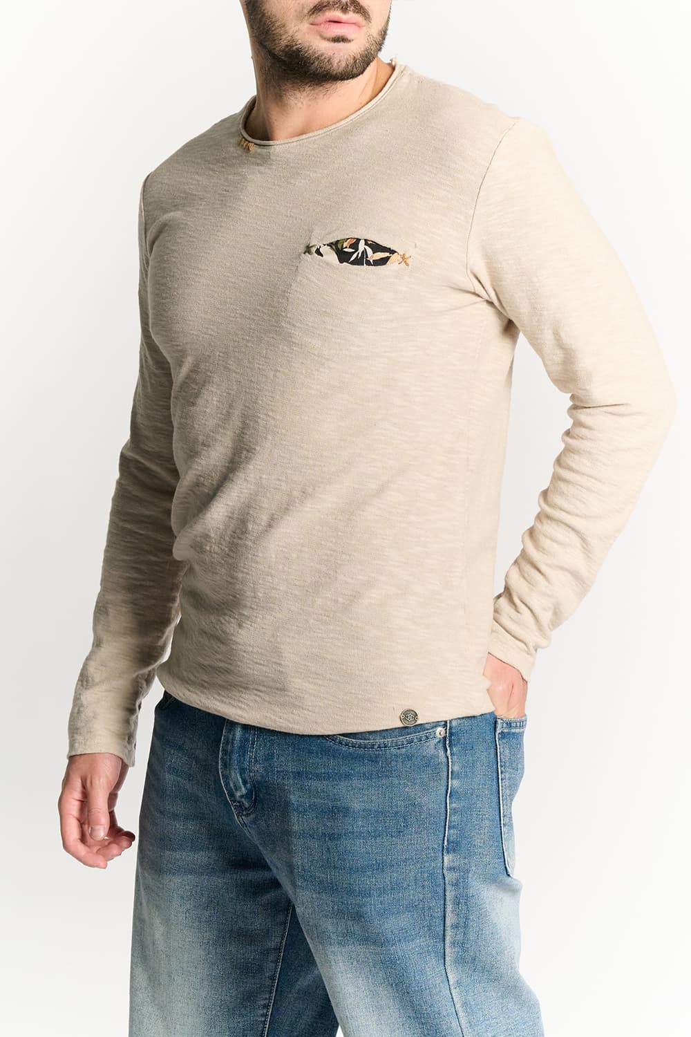 Men's Long Sleeve Cotton Sweater Beige