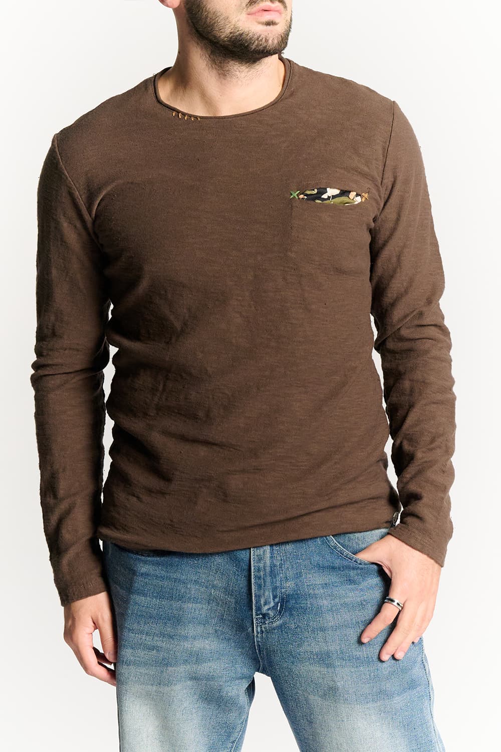 Men's Long Sleeve Cotton Sweater in Dark Brown