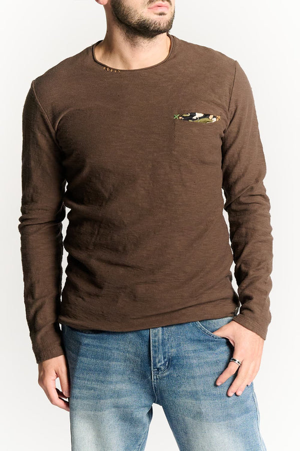 Men's Long Sleeve Cotton Sweater in Dark Brown