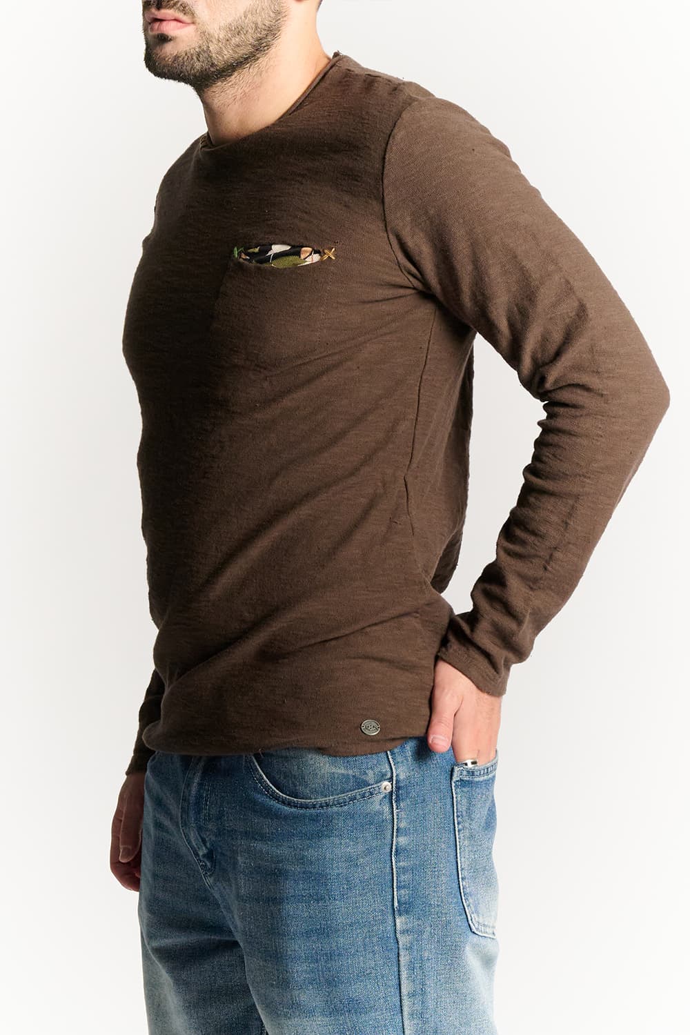 Men's Long Sleeve Cotton Sweater in Dark Brown