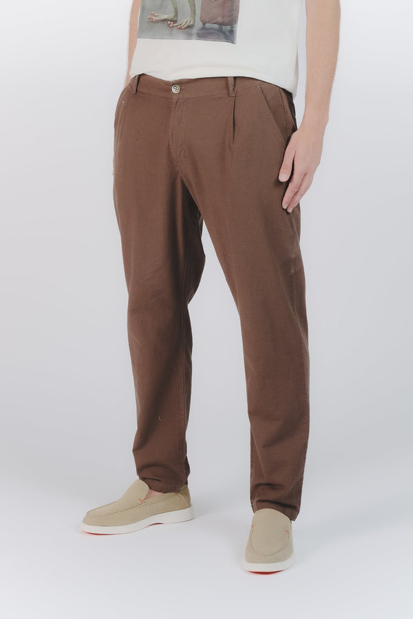 Pantaloni Lino con Bottone Cioccolato