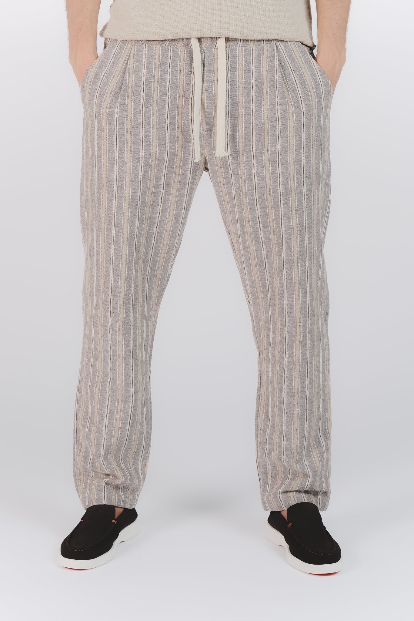 Beige Striped Cotton and Linen Blend Pants