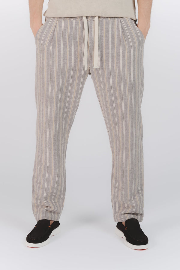 Beige Striped Cotton and Linen Blend Pants