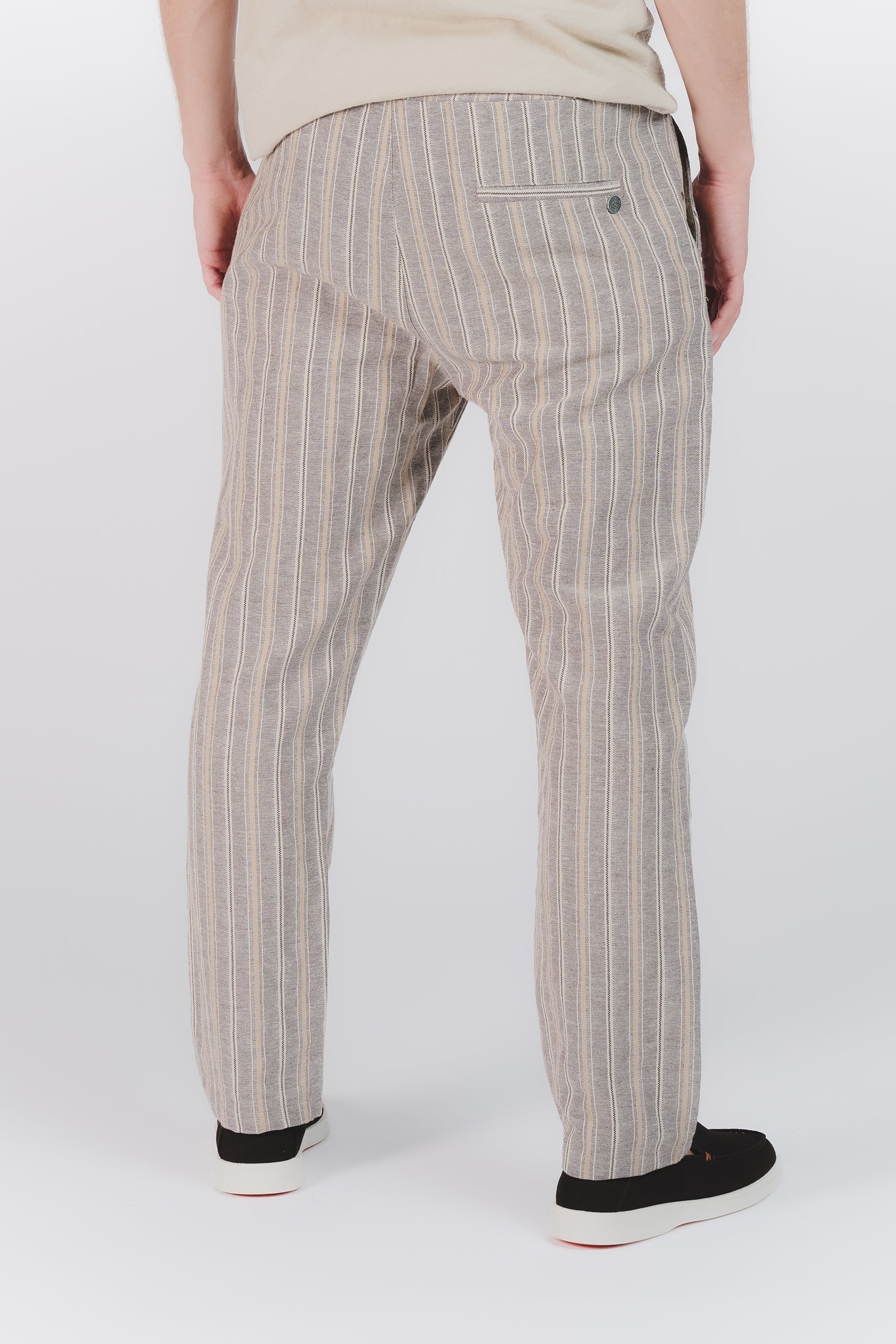 Beige Striped Cotton and Linen Blend Pants