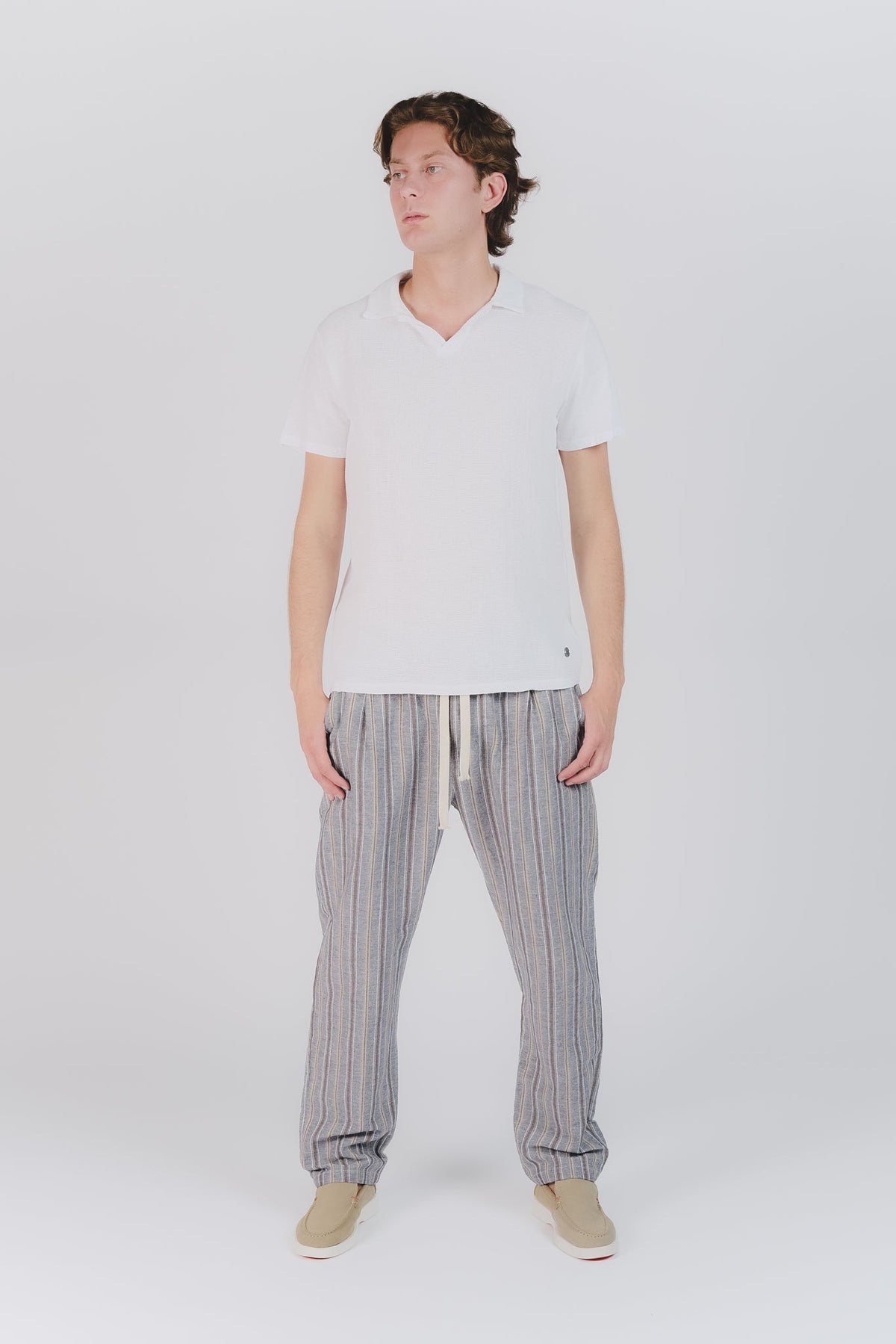 Blue Striped Cotton and Linen Blend Pants