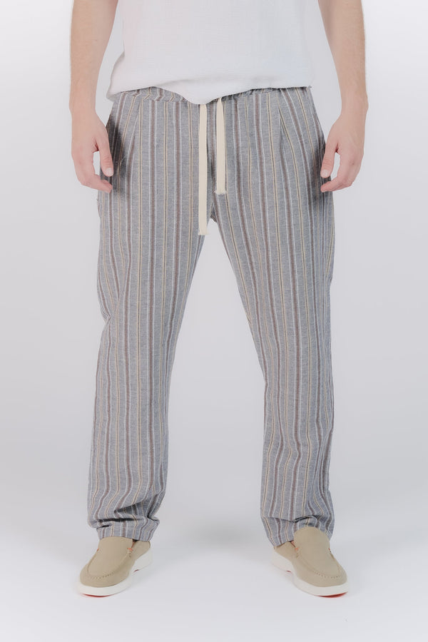 Pantaloni Misto Cotone e Lino a Righe Blu