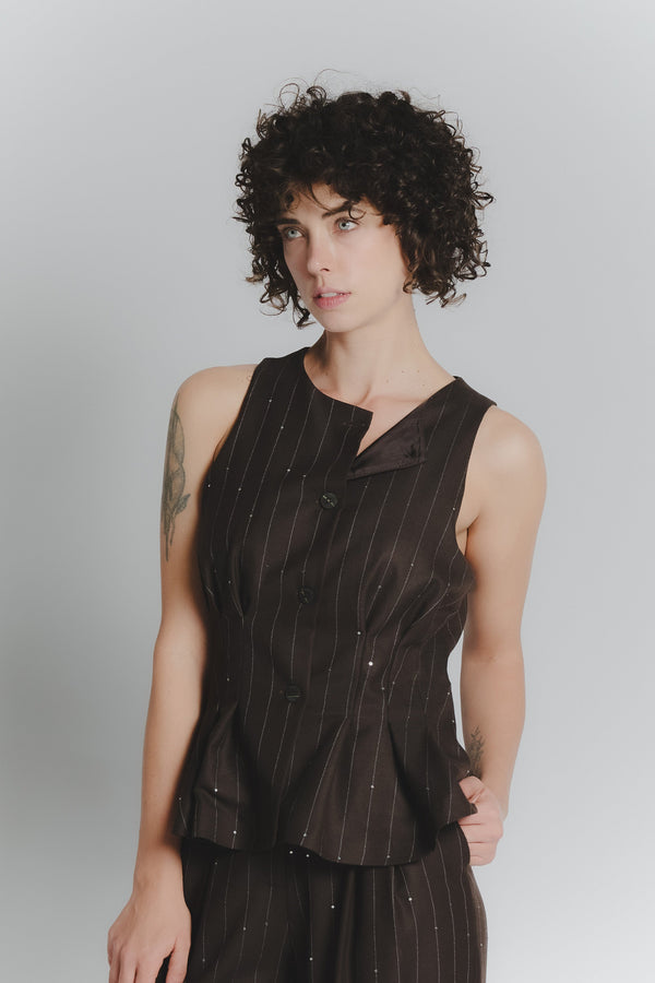 Chocolate Striped Waistcoat with Sequins