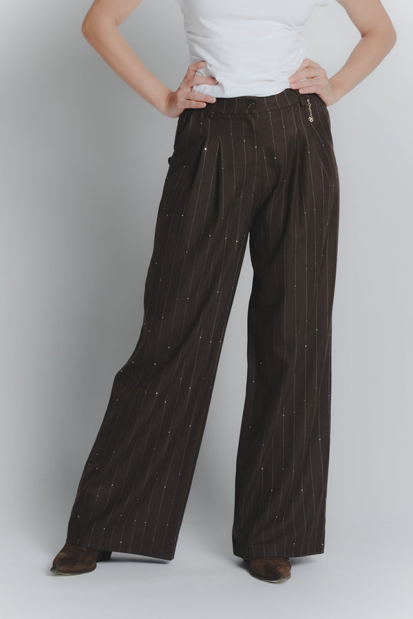 Pantalon Palazzo à Rayures Chocolat avec Sequins