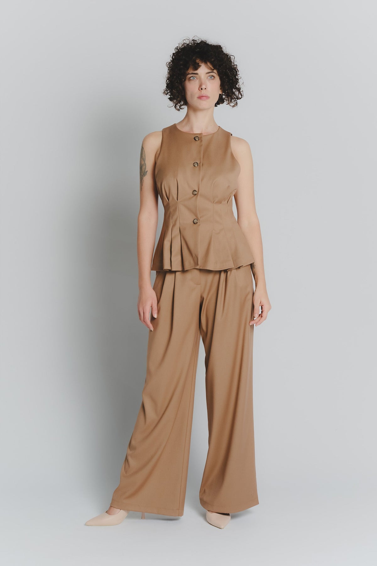 Camel Pleated Gilet for Women