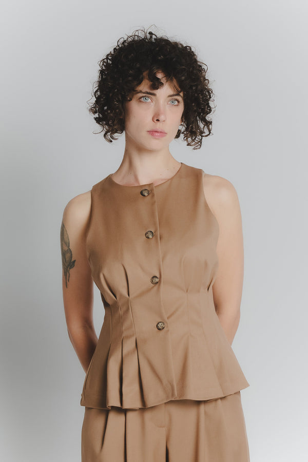 Camel Pleated Gilet for Women