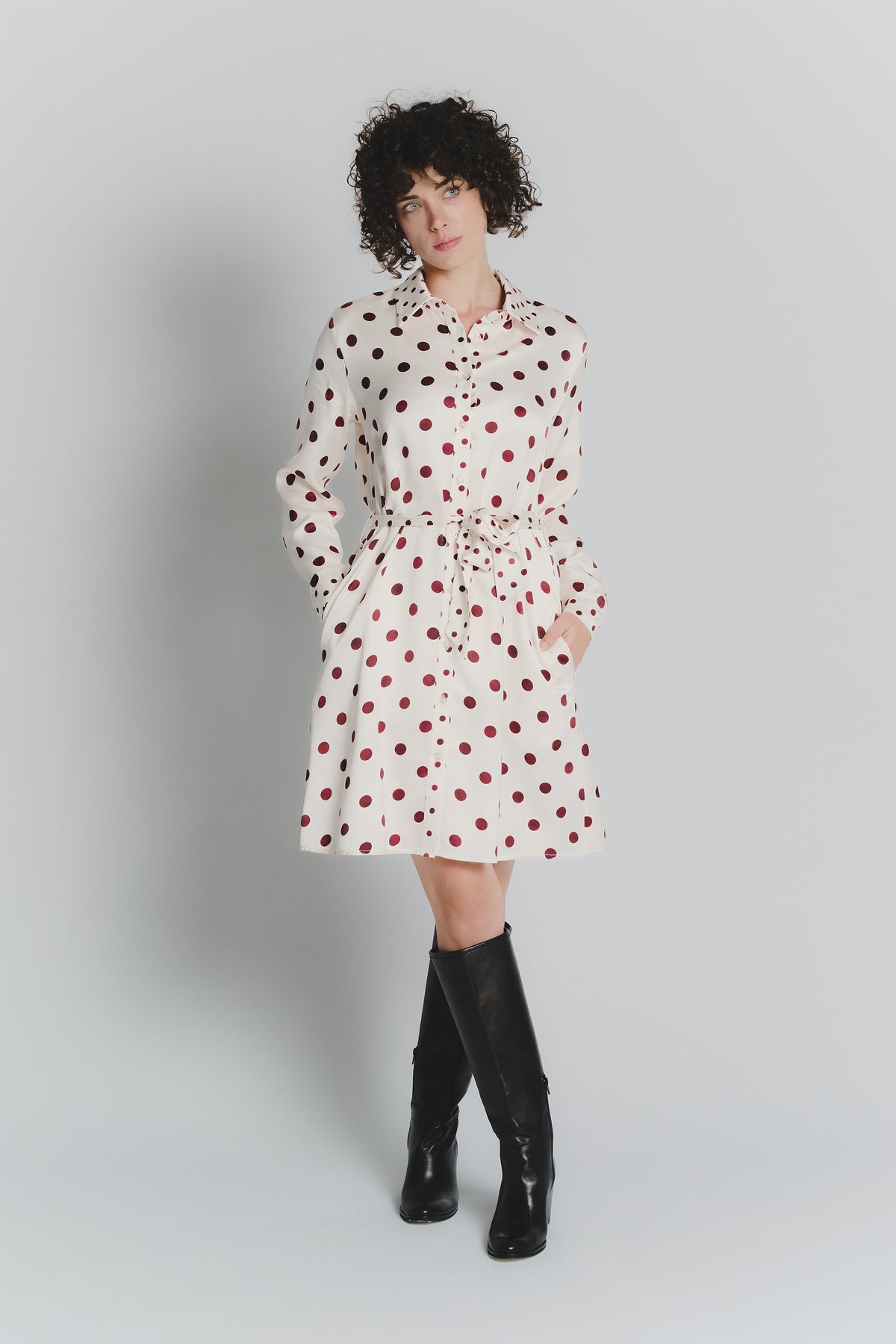 Abito Chemisier Corto a Pois Avorio Rosso Fiorentino Donna