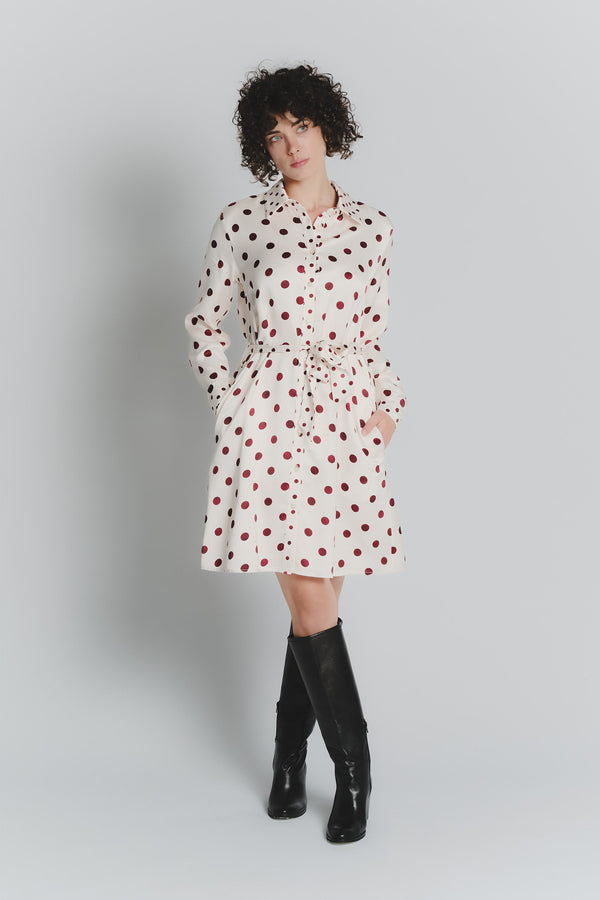 Abito Chemisier Corto a Pois Avorio Rosso Fiorentino Donna