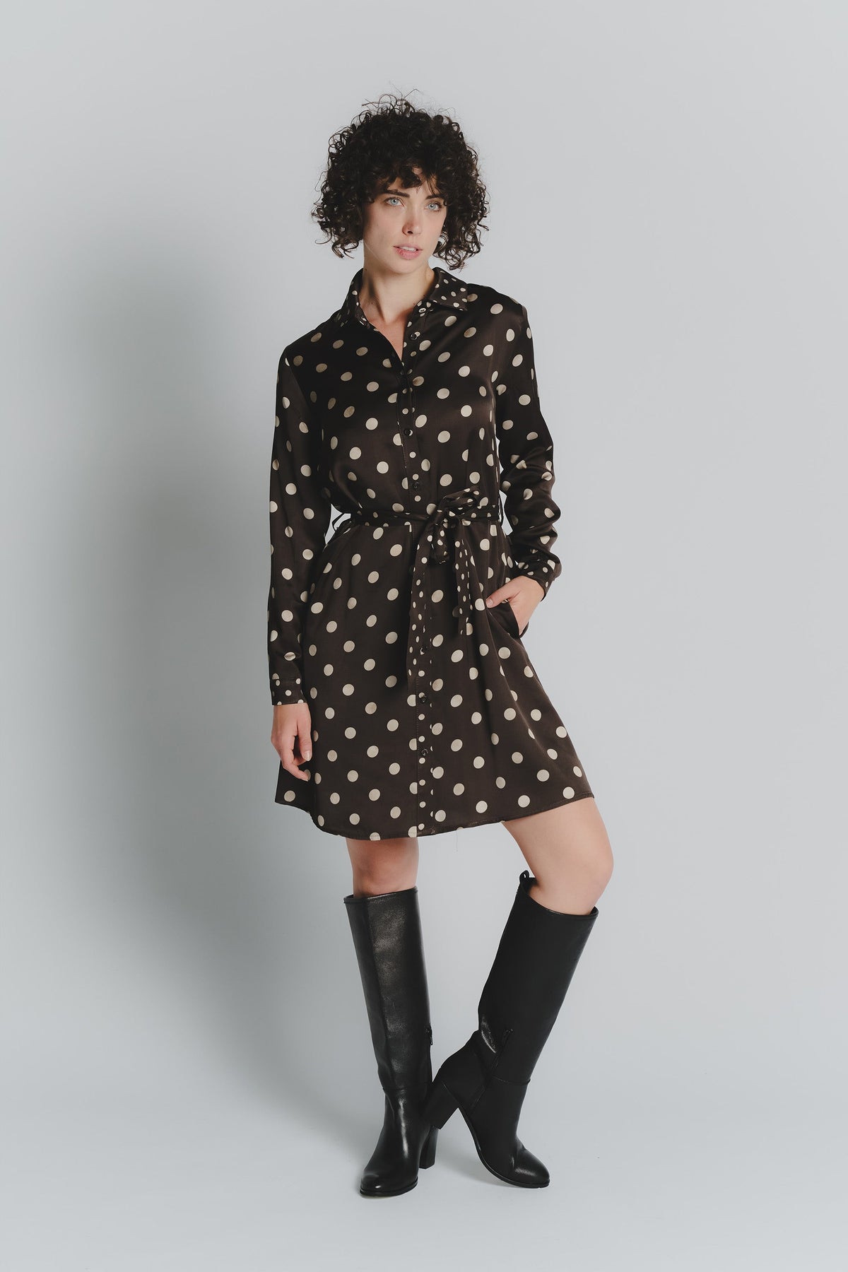 Short Polka Dot Shirt Dress in Dark Brown and Ivory for Women