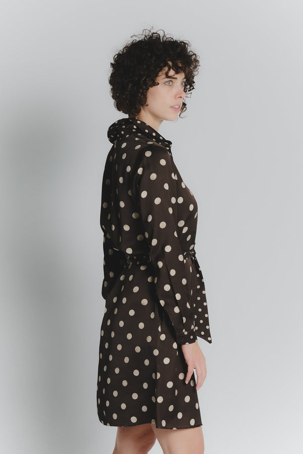 Short Polka Dot Shirt Dress in Dark Brown and Ivory for Women