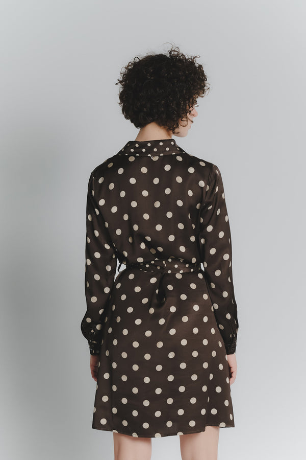 Short Polka Dot Shirt Dress in Dark Brown and Ivory for Women