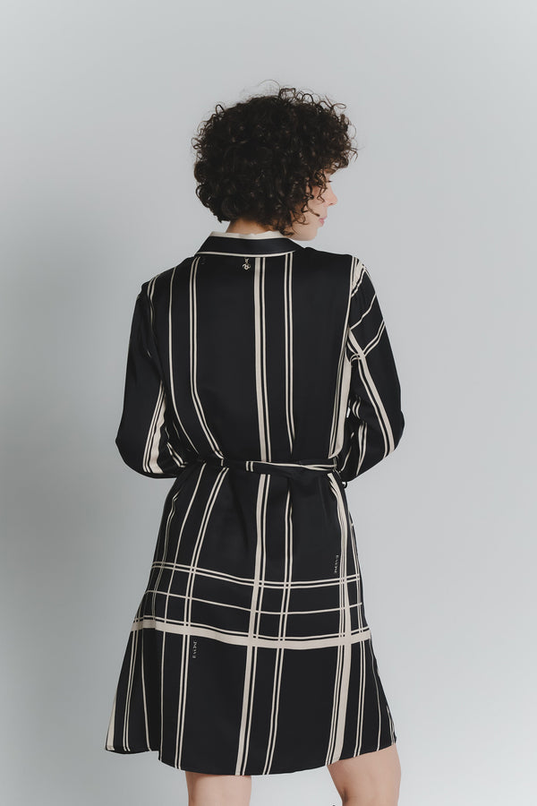 Robe Chemise Courte à Carreaux Noire et Beige pour Femmes
