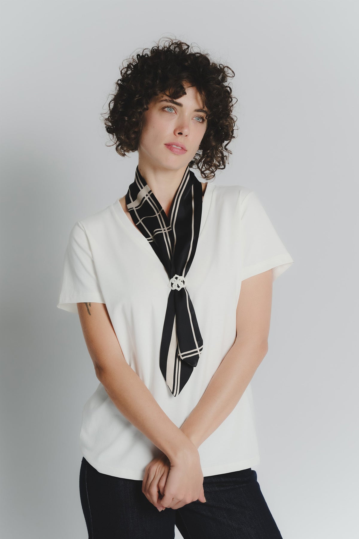 White T-shirt with Black and Beige Check Scarf