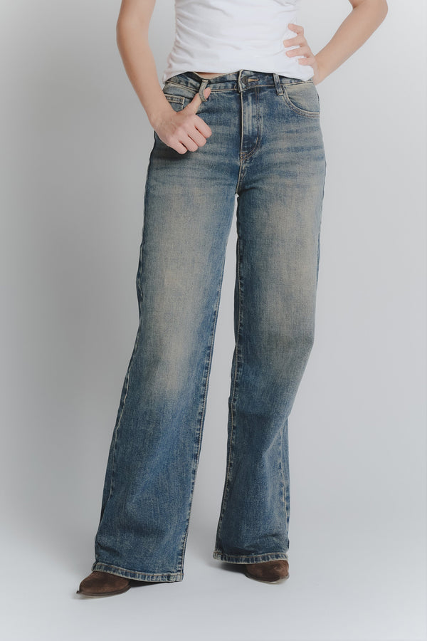 Jeans vintage bleu à jambes larges pour femmes