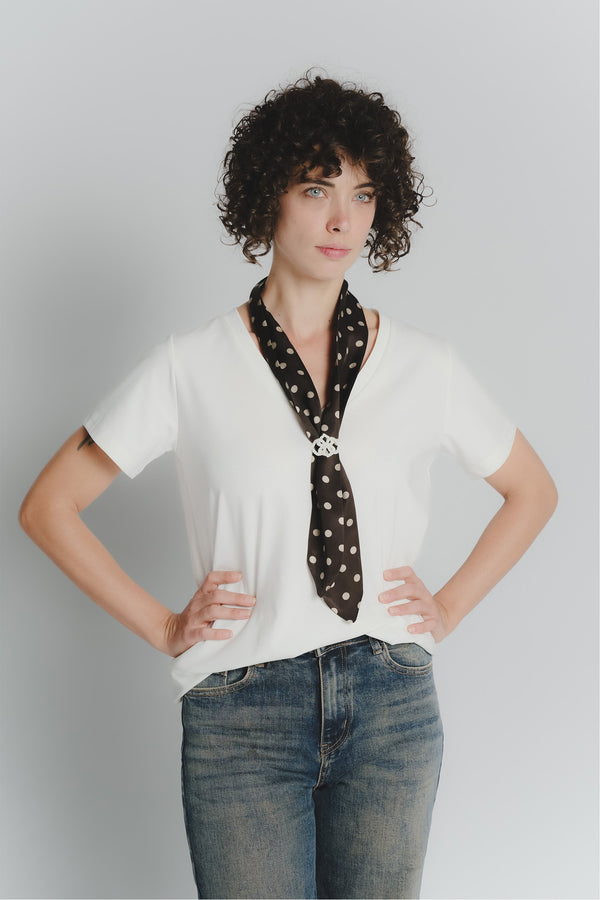 White T-shirt with Brown Polka Dot Scarf