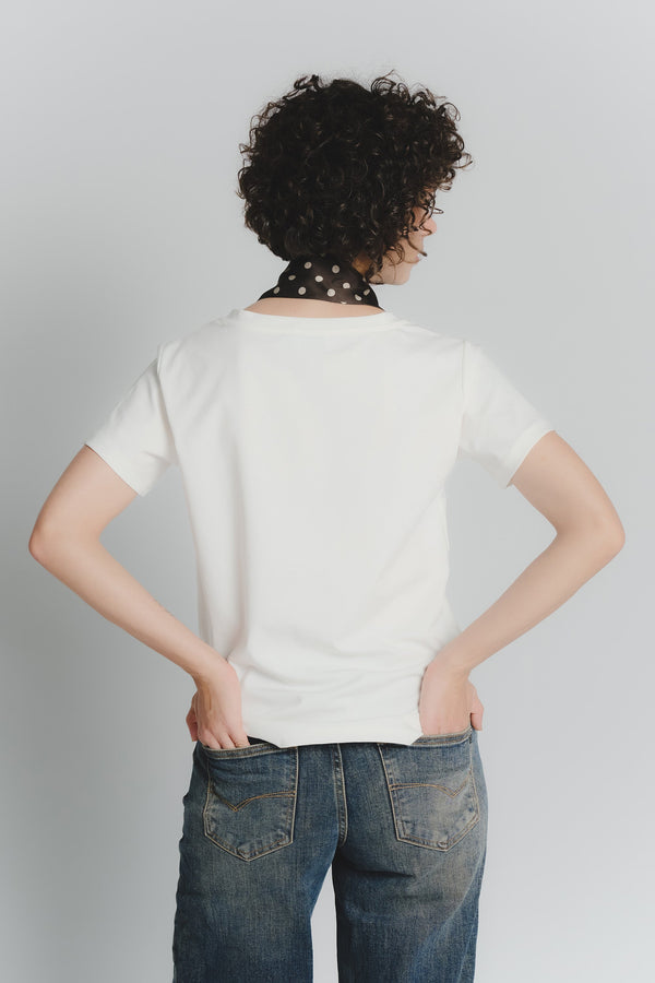 White T-shirt with Brown Polka Dot Scarf