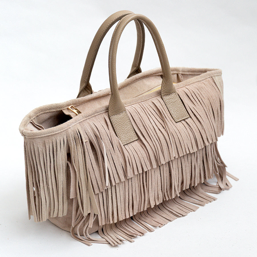 BEA - Suede Fringe Shopping Bag in Sand