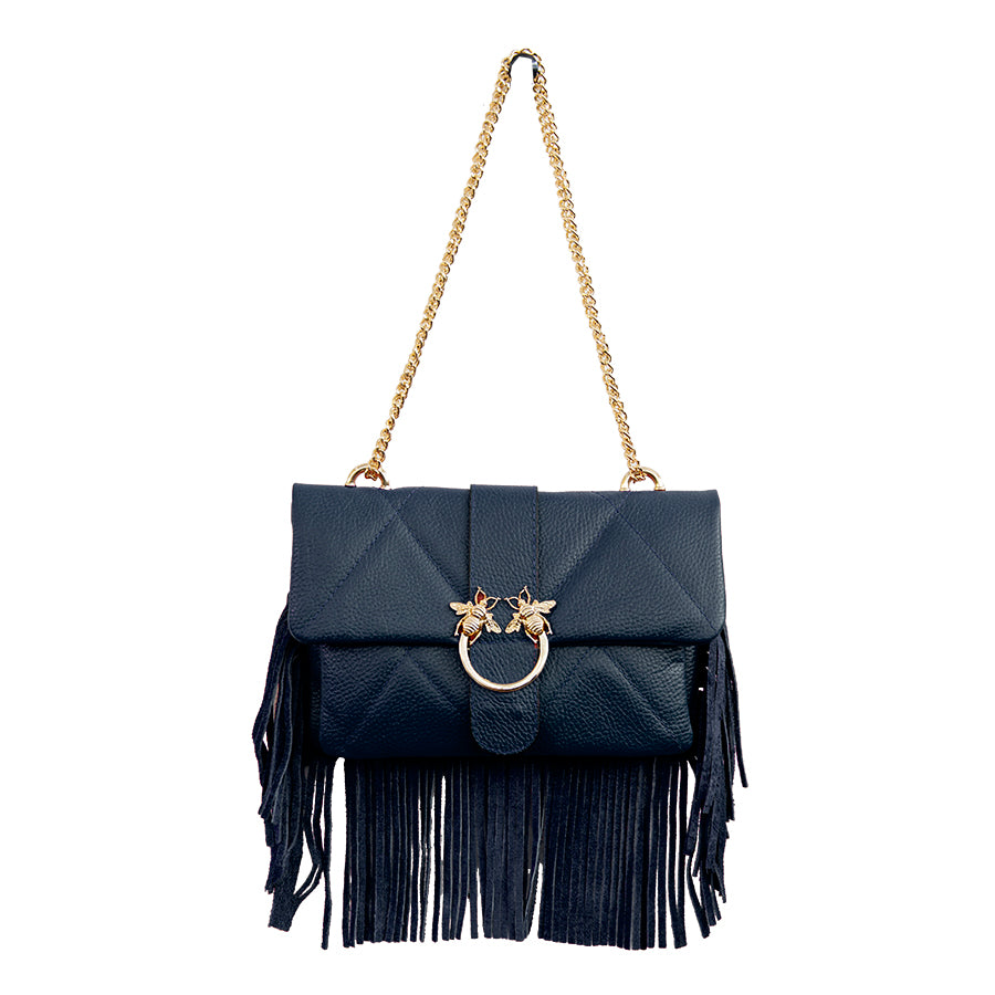 BEES - Blue Leather Clutch with Fringes